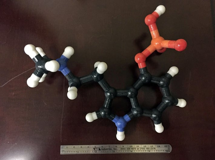 Psilocybin Molecule Model, 3 Size Options 3d printed Psilocybin Molecule Model. Scale 1:20. 3D Printed in Coated Full Color Sandstone.