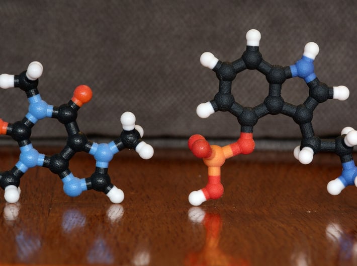Psilocybin Molecule Model, 3 Size Options 3d printed Coated (left) and non-Coated (right) Full Color Sandstone. Coating gives a much smoother feel.