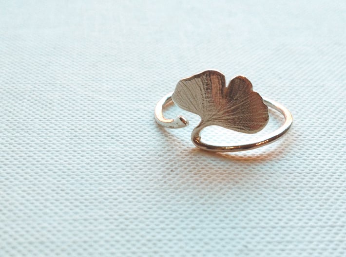 Ginkgo Leaf ring 3d printed Premium Silver