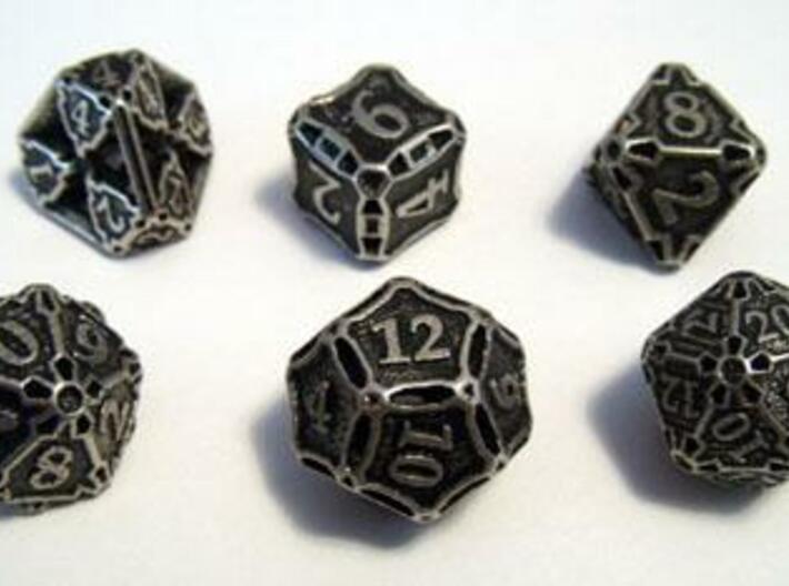 Premier Dice Set 3d printed Dice set in stainless steel and inked.