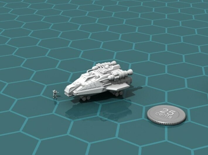 Tramp Freighter 3d printed Render of the model, with a virtual quarter for scale.