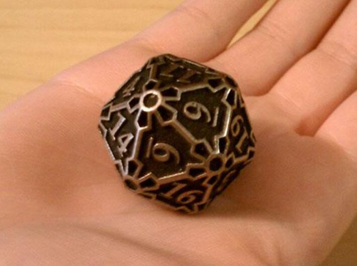 Huge d20 3d printed In stainless steel and inked.