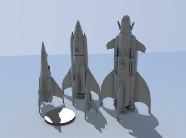 Martian War Rocket Fleet 3d printed From left to right, the Kuato, Richter, Quaid, and Cohaagen.  Silver disk represents a US quarter.