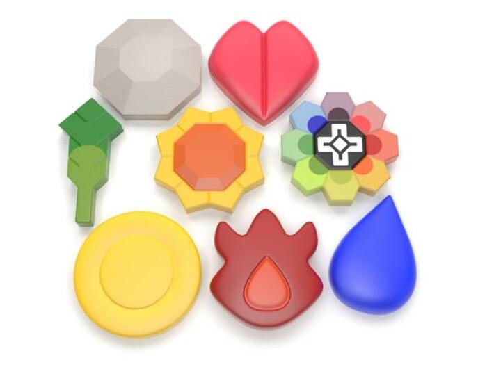 Badges for Pokemon 3d printed 3D rendering of Pokemon badges.