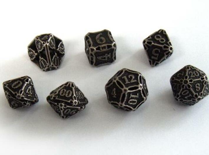 Premier Dice Set with Decader 3d printed In stainless steel and inked