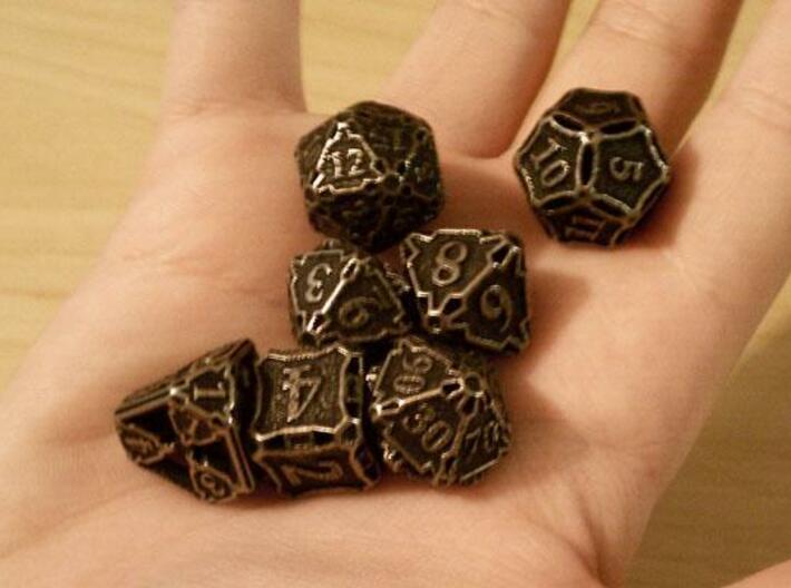 Premier Dice Set with Decader 3d printed In stainless steel and inked.