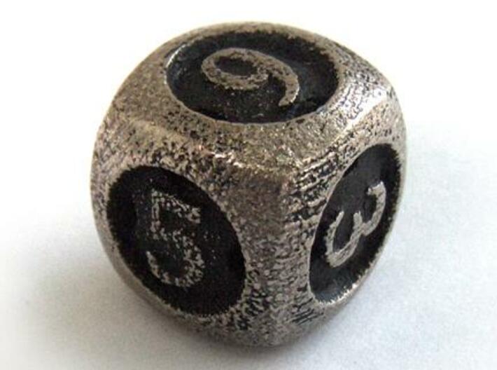 Overstuffed d6 3d printed In stainless steel and inked