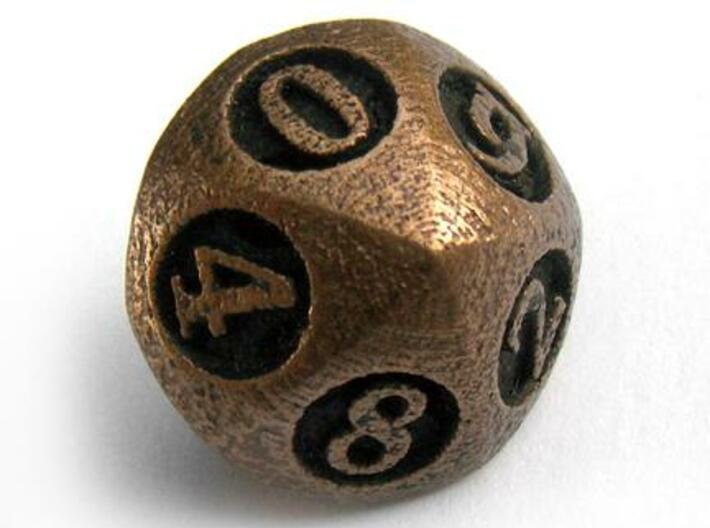 Overstuffed d10 3d printed In antique bronze glossy and inked