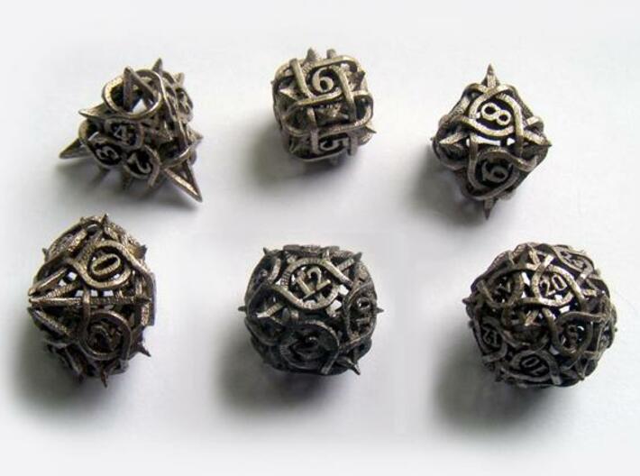 Thorn Dice Set 3d printed In stainless steel.