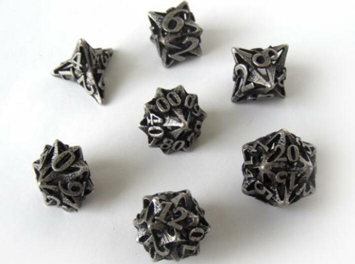 Pinwheel Dice Set with Decader 3d printed In stainless steel and inked