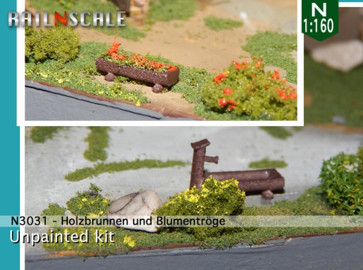 Holzbrunnen + Blumentröge (N 1:160) 3d printed 
