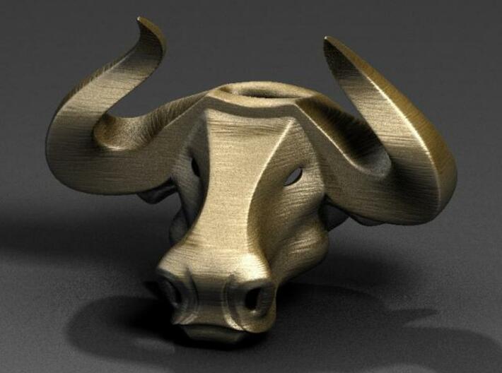 Bull head key ring 3d printed Front, in gold.