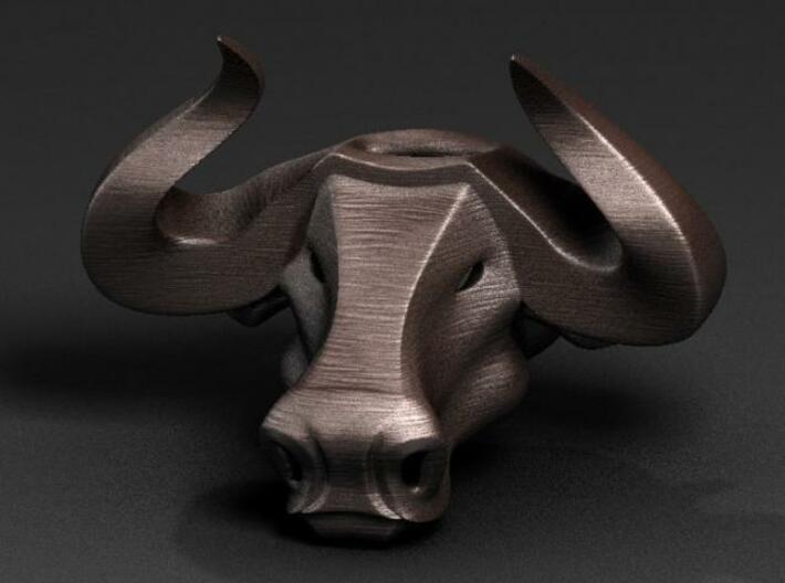 Bull head key ring 3d printed Front, in bronze.