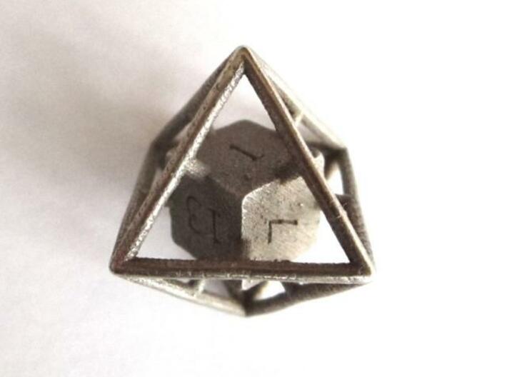 Average D8 Cage Dice 3d printed In Metal (side view)