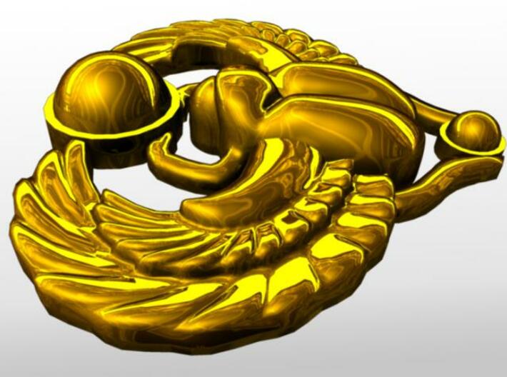 Scarab Pendant 3d printed Rendered in gold from the side.