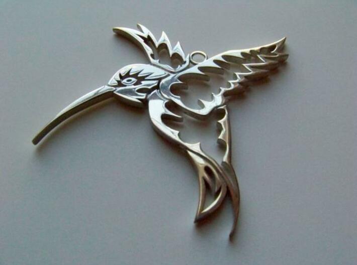 Tribal Hummingbird pendant 3d printed Silver glossy