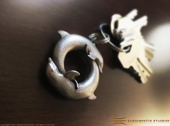 Piscean / Yin Yang Dolphin Totem Keychain 4.5cm 3d printed polished nickel steel example