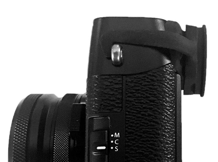 Eyecup adapter for X100F 3d printed Camera with adapter attached. Image by www.dannourieimages.com