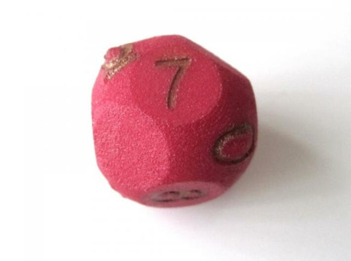 D10 3-fold Pointed Dice 3d printed In Winter Red Strong and Flexible (colors on numbers were manually added)