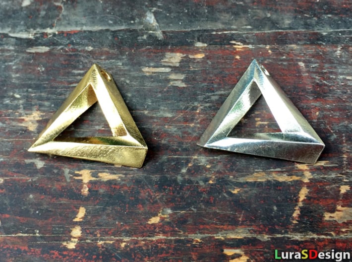 Impossible Triangle Pendant 3d printed raw brass and raw silver