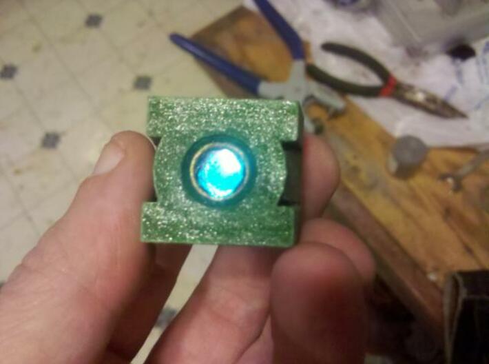 Green Lantern 3d printed sanded paint to expose aluminum powder, added acrylic gem, finished product.