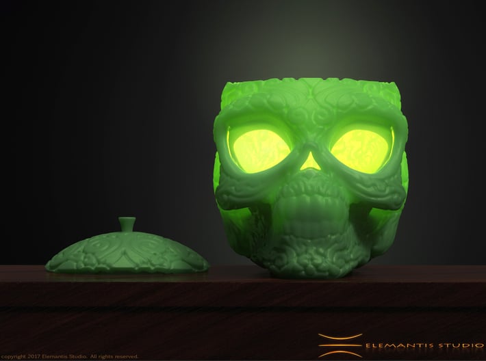 Day of the Dead/ Halloween Glow Skull Lantern 8cm 3d printed Green Plastic Polished Example (Tea-Light Candle/ Led not included)