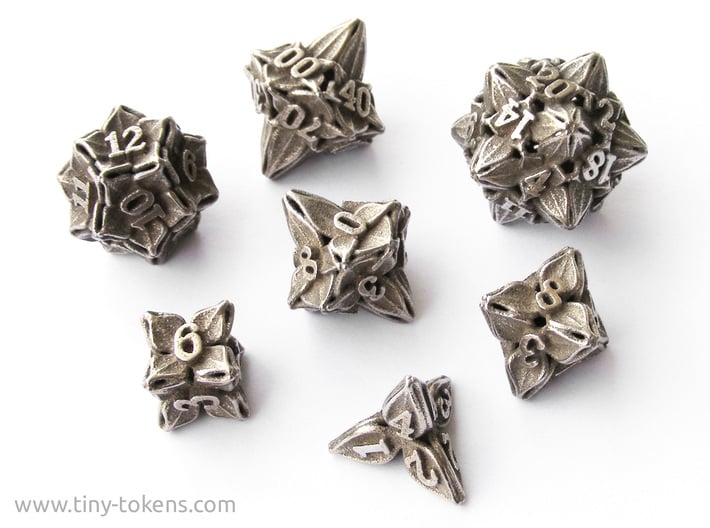 Floral Dice - Gaming Set + 10D10/decader (7 dice) 3d printed The full set  in blank stainless steel