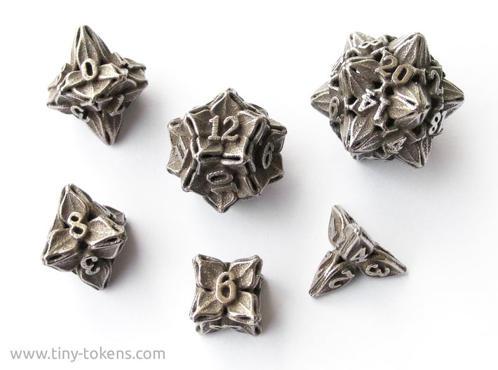 Floral Dice - Gaming Set (6 dice) 3d printed The full set in plain stainless steel