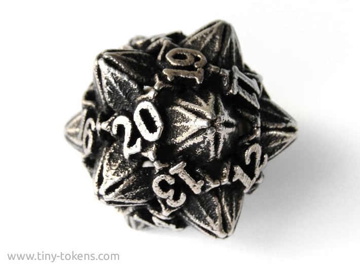 Floral Dice – D20 Spindown Life Counter die 3d printed Stainless steel 'inked' with black