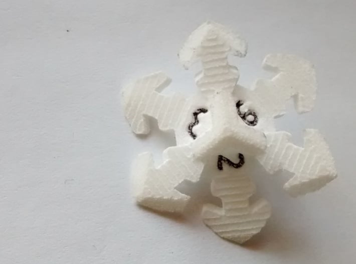 Snowflake D6 3d printed Numbers hand-inked via permanent marker