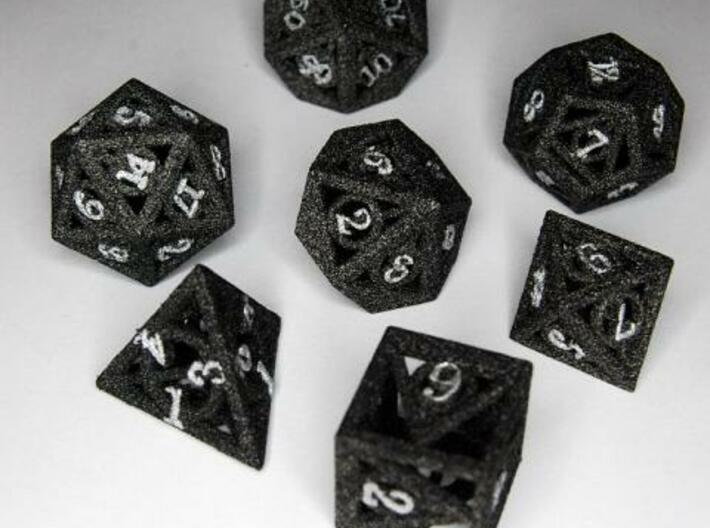 Deathly Hallows Dice Set 3d printed Alumide Dyed Black And Lettered With Silver Paint