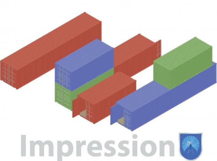 Selection of 12 shippingcontainers 3d printed Impression of a few shipping containers (red type A) (blue and green type B)