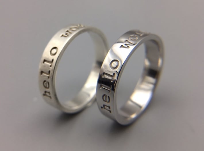 Hello World Ring 3d printed Comparison of well-worn Polished Silver ring with brand-new Rhodium Plated ring