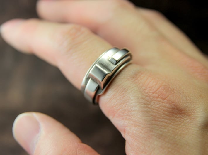 Techno ring 3d printed This material is Polished Silver , Patinated with bleach