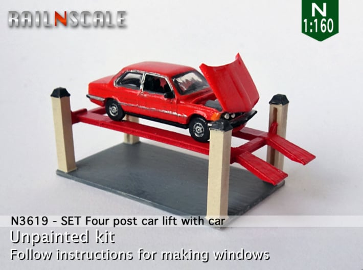 SET Four post car lift with car (N 1:160) 3d printed 