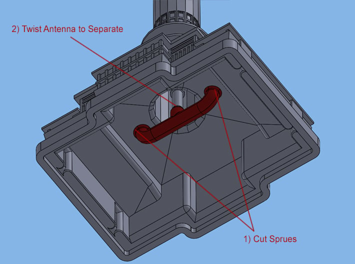 Almaty TV Tower (1:2000) 3d printed Instructions for sprue removal.
