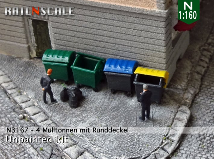 4 Müllcontainer mit Runddeckel (N 1:160) 3d printed 