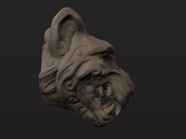 Oni-Tiger Miniature Decorative Noh Mask 3d printed Profile Clay Render of Large Mask Showing Open Back