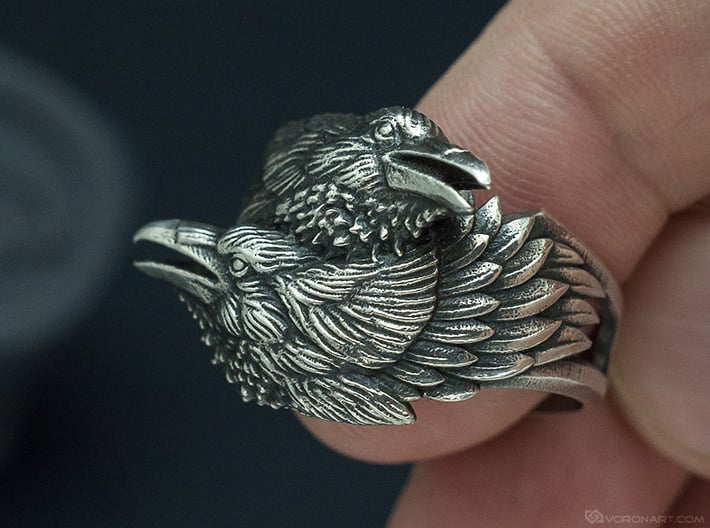Two Ravens Ring 3d printed Antique Silver