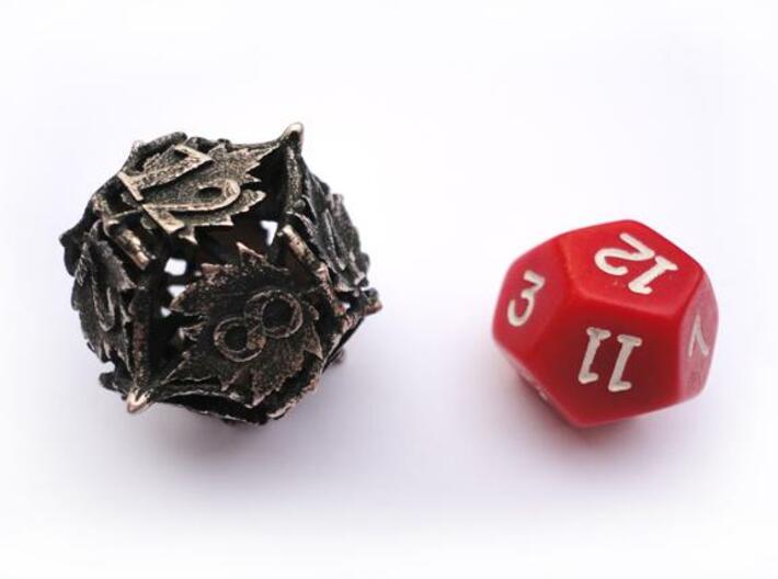 Botanical d12 (Maple) 3d printed In comparison to a standard d12