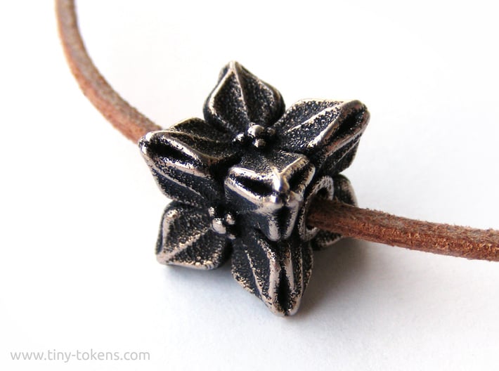 Floral Bead/Charm - Cube 3d printed Polished Bronzed-Silver Steel blackened with acrylic ink