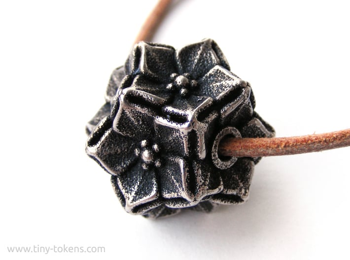 Floral Bead/Charm - Dodecahedron 3d printed Polished Bronzed-Silver Steel blackened with acrylic ink