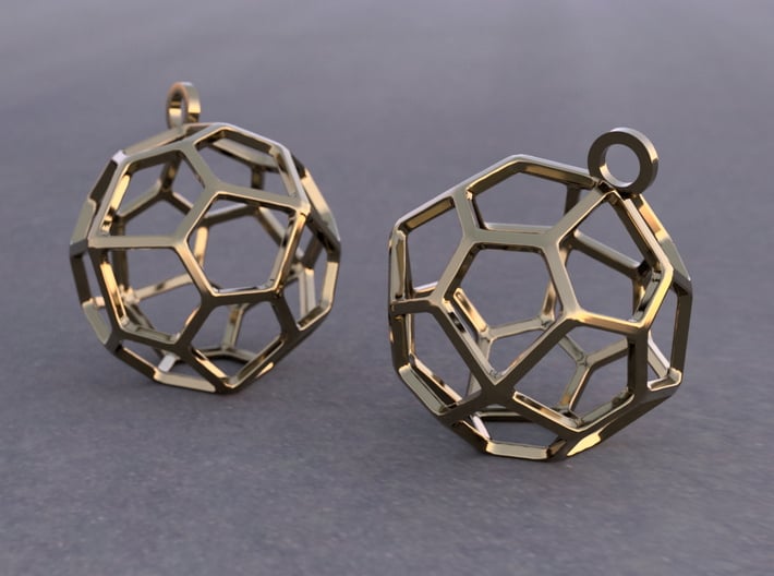 Pentagonal Icositetrahedron Earrings 3d printed Example rendering of earrings in Polished Bronze