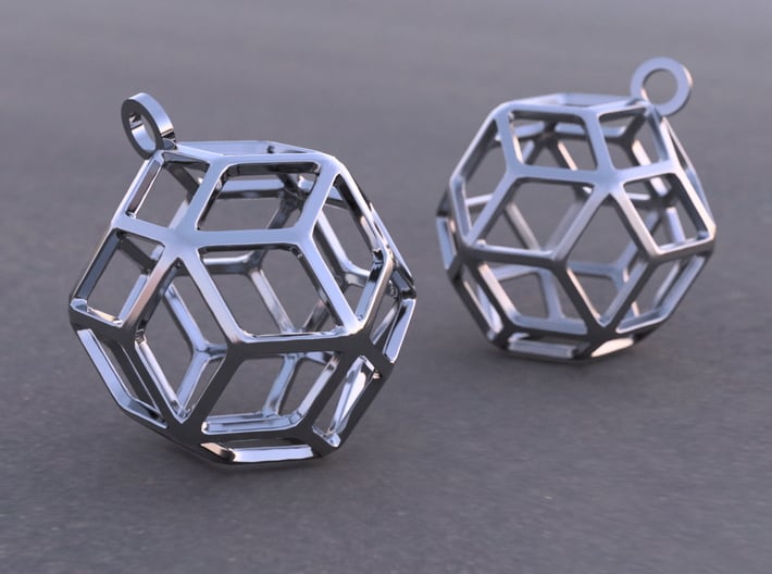 Rhombic Triacontahedron Earrings 3d printed Example rendering in Anique Silver