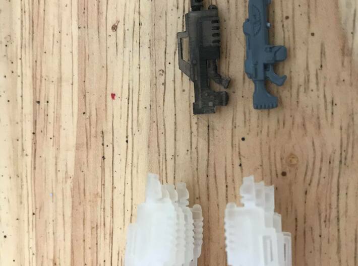 Elysian "Hotshot" Lasgun Bullpup (large)(10x) 3d printed Test print of lasgun. Note size comparison to Cadian Lasgun