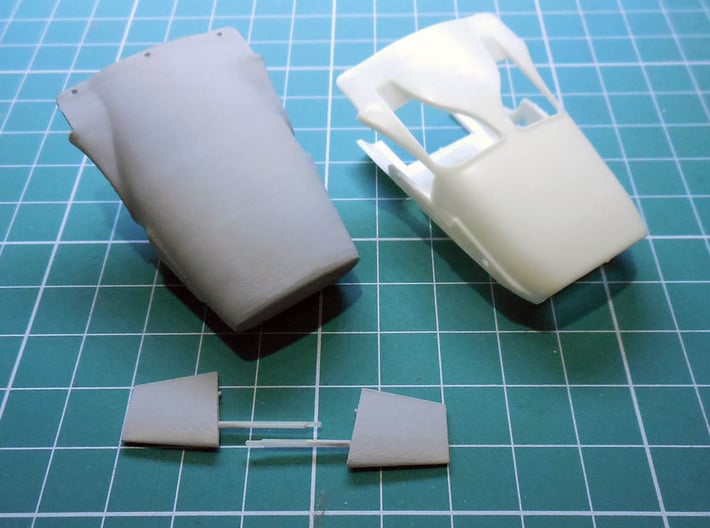 1/20th Lotus 49B nose cone 3d printed low resolution test print compared to original kit part