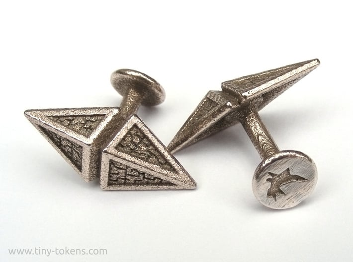 Zendikar Hedron Cufflinks 3d printed The cufflinks have a curved stem of 14 mm long, and a button with diameter 10 mm.