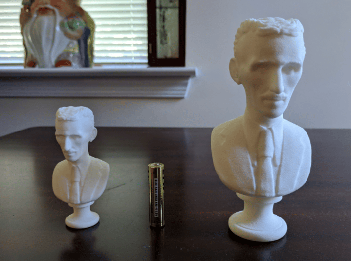 Nikola Tesla Bust Small 3d printed 80 mm (3.1 in) on Left, 132 mm (5.2 in) on Right: See link below.