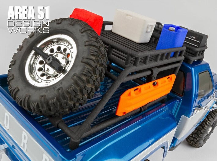 12th Scale Overland Bed Rack 3d printed Shown with optional accessories on CR12 F150 body