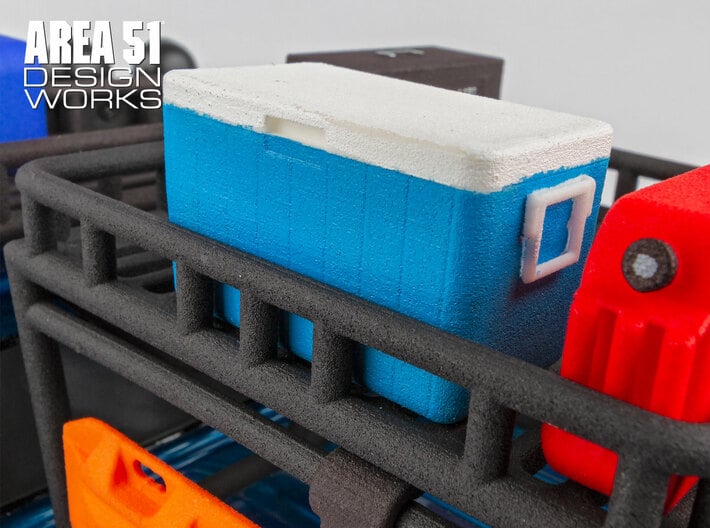 12th Scale Cooler 3d printed Shown in white with a hand painted blue bottom installed onto Overland bed rack.